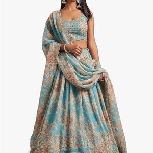 Elegant Blue and Gold Floral Lehenga